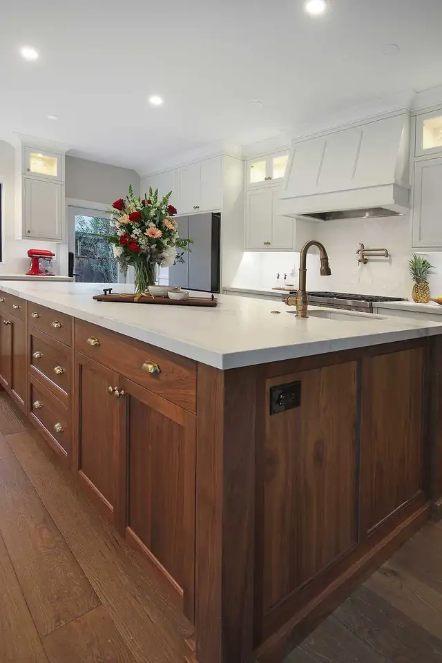 San Ramon, CA kitchen addition with walnut island, white quartz countertop and white Shaker cabinets